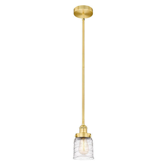 Innovations Bell 5in 1-Light Mini Pendant | Industrial Farmhouse Satin Gold Steel and Clear Deco Swirl Glass | Kitchen Island & | Model 616-1SH-SG-G513