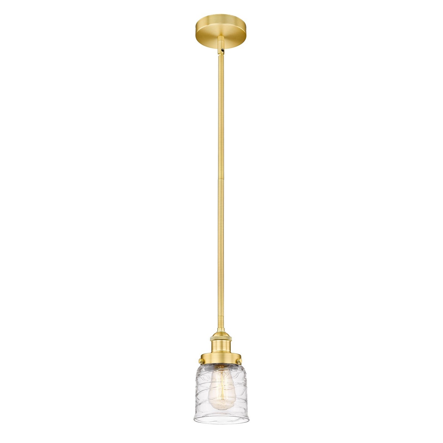 Innovations Bell 5in 1-Light Mini Pendant | Industrial Satin Gold Steel and Clear Deco Swirl Glass | Kitchen Island & Dining | Model 616-1SH-SG-G513-LED