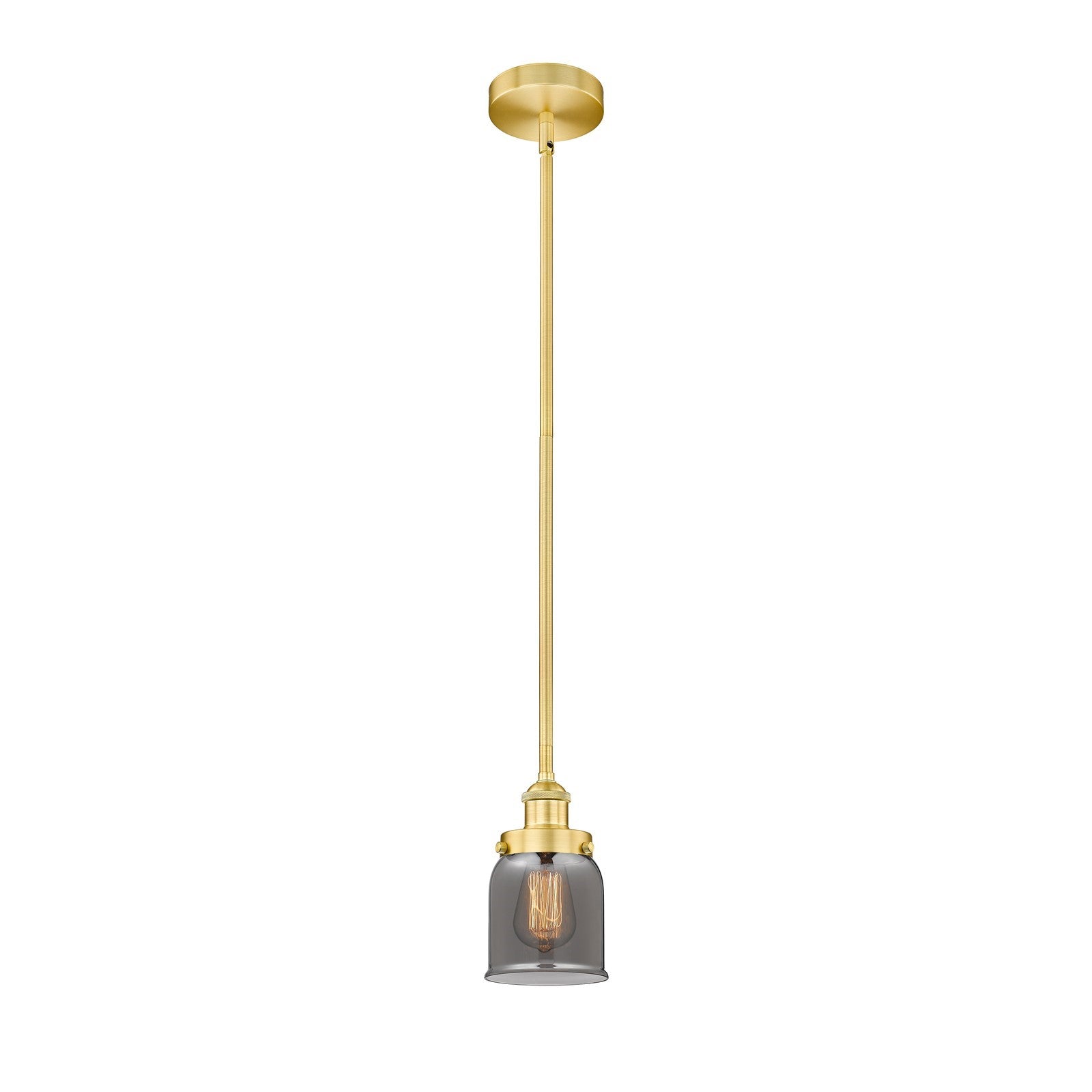 Innovations Bell 5in 1-Light Mini Pendant | Industrial Farmhouse Satin Gold Steel and Light Smoke Glass | Kitchen Island & | Model 616-1SH-SG-G53-LED