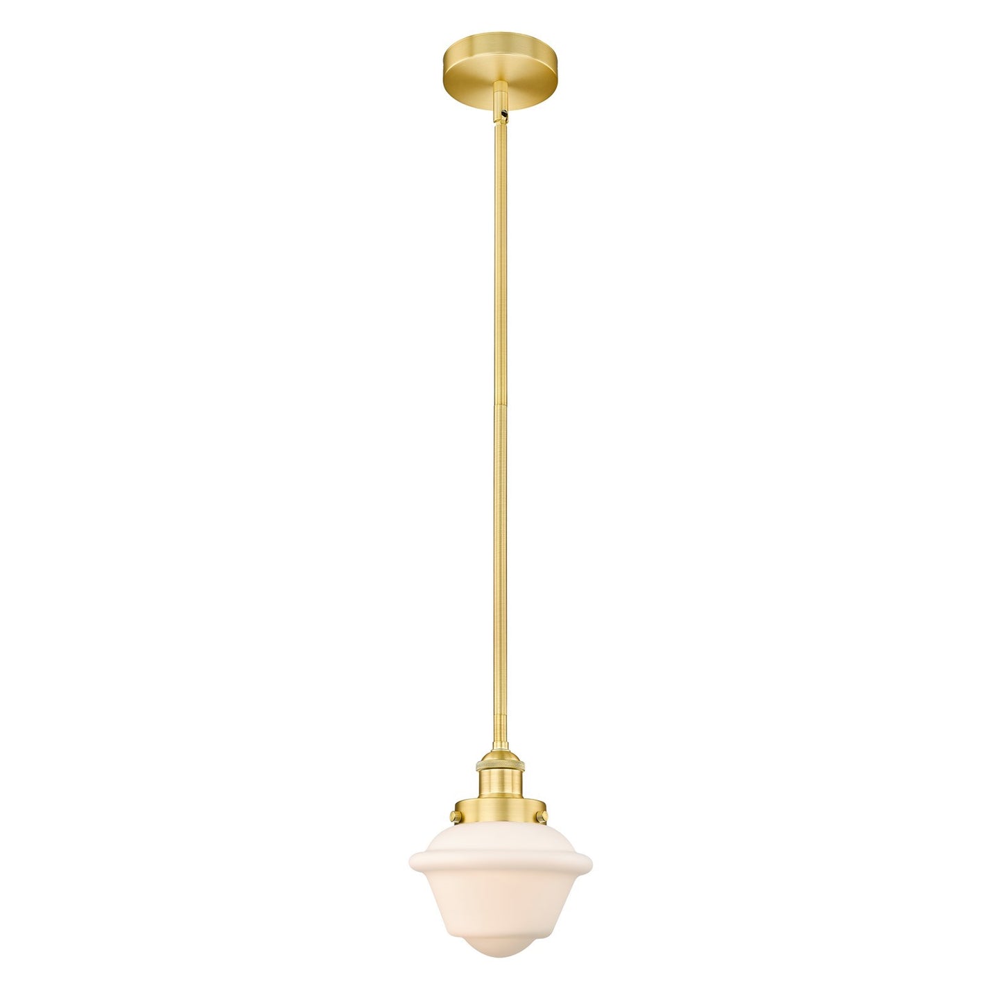Innovations Oxford 7.25in 1-Light Mini Pendant | Traditional Satin Gold Steel and Matte White Frosted Glass | Kitchen Island & | Model 616-1SH-SG-G531