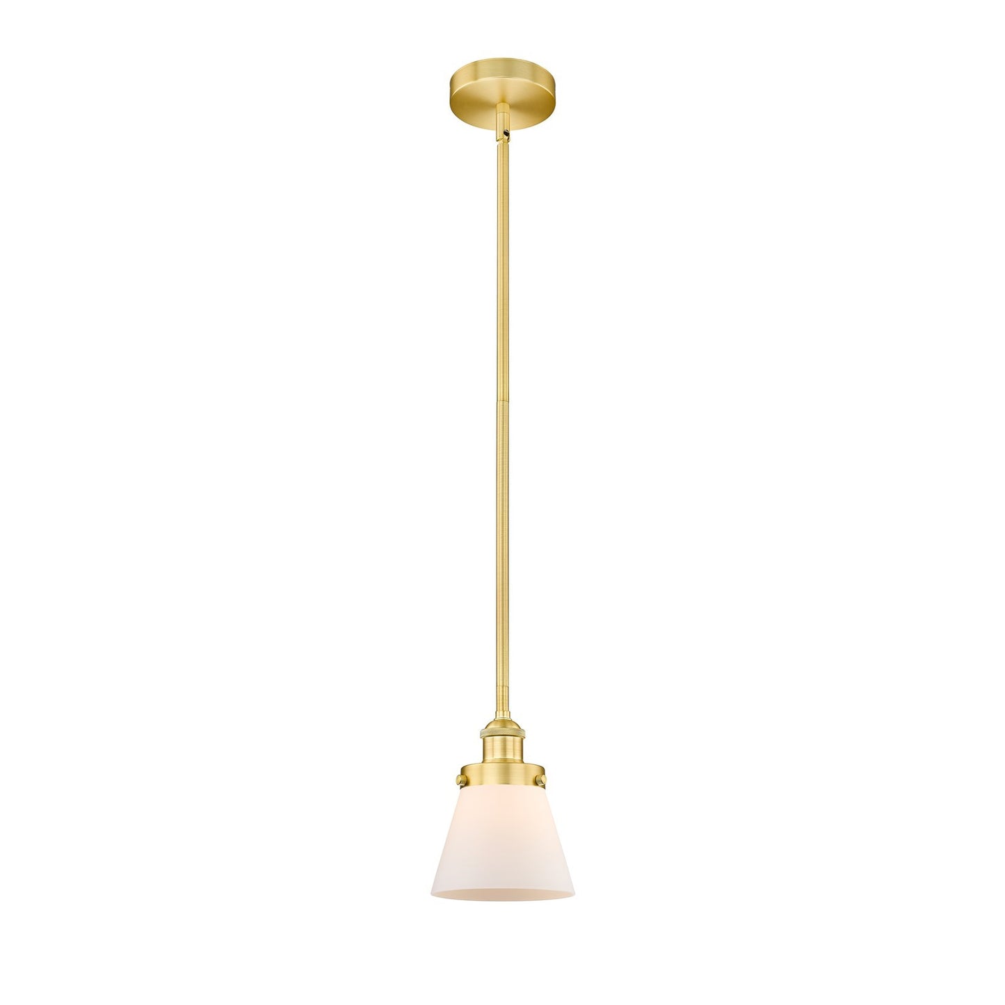 Innovations Cone 6.25in 1-Light Mini Pendant | Industrial Satin Gold Steel and Matte White Frosted Glass | Kitchen Island & | Model 616-1SH-SG-G61-LED