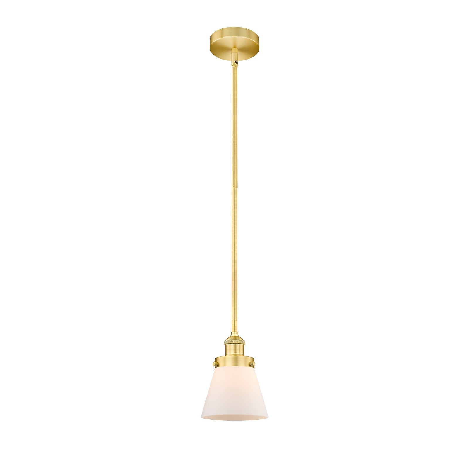 Innovations Cone 6.25in 1-Light Mini Pendant | Industrial Satin Gold Steel and Matte White Frosted Glass | Kitchen Island & | Model 616-1SH-SG-G61-LED
