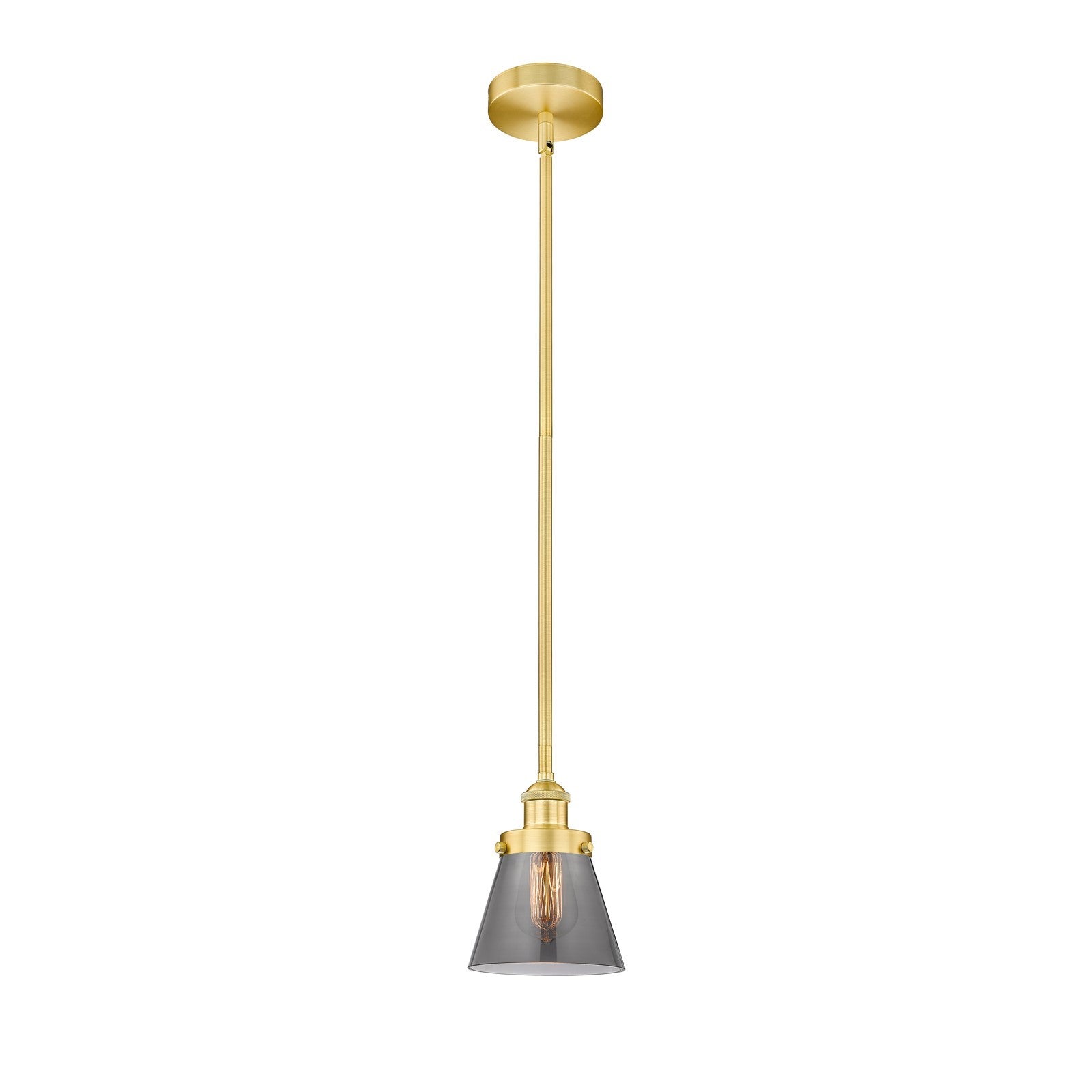 Innovations Cone 6.25in 1-Light Mini Pendant | Industrial Farmhouse Satin Gold Steel and Light Smoke Glass | Kitchen Island & | Model 616-1SH-SG-G63-LED