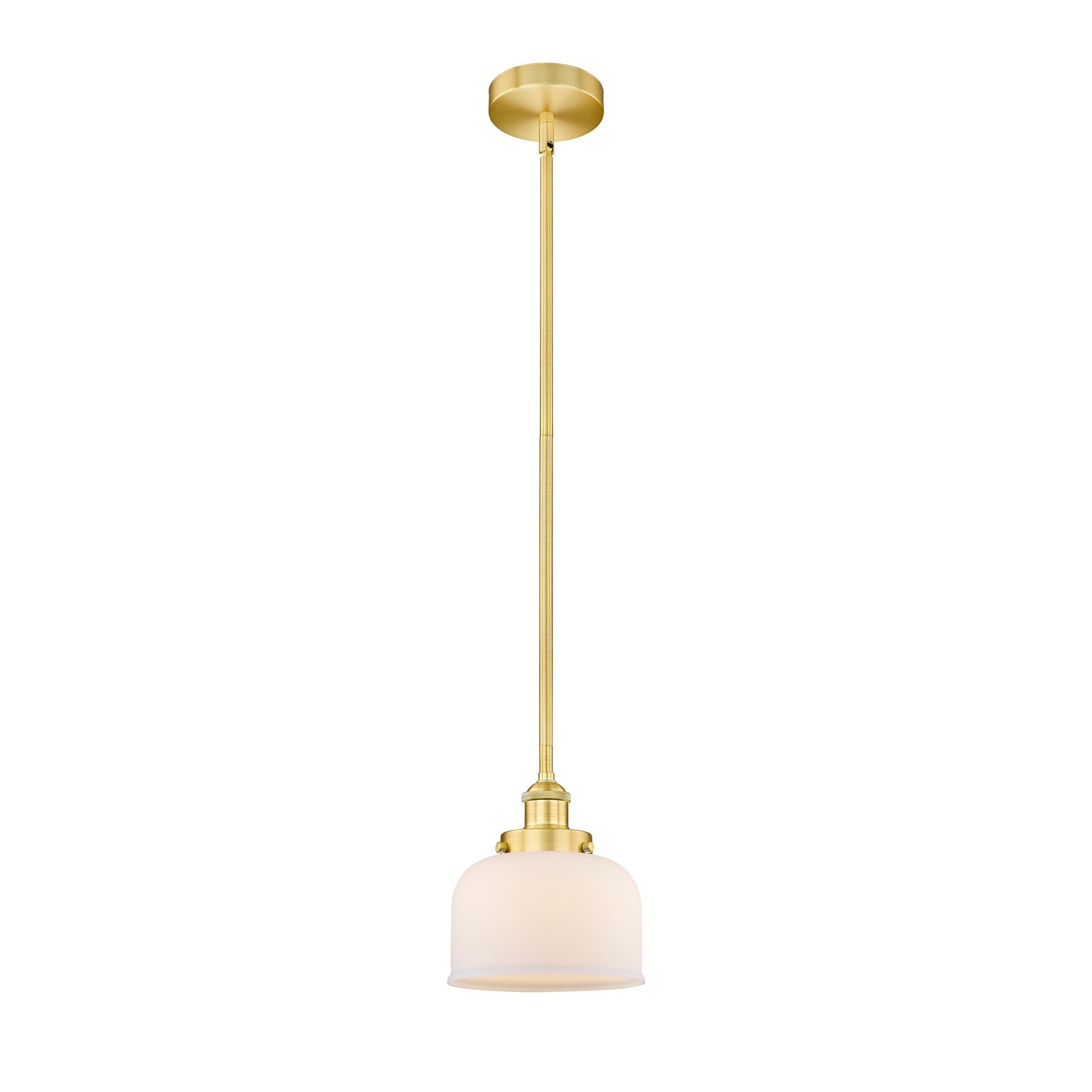Innovations Bell 8in 1-Light Mini Pendant | Satin Gold Steel and Cast Brass with Matte White Frosted Glass | Kitchen Island & | Model 616-1SH-SG-G71
