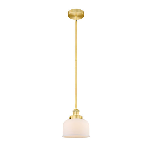 Innovations Bell 8in 1-Light Mini Pendant | Industrial Farmhouse Satin Gold Steel and Matte White Frosted Glass | Kitchen | Model 616-1SH-SG-G71-LED