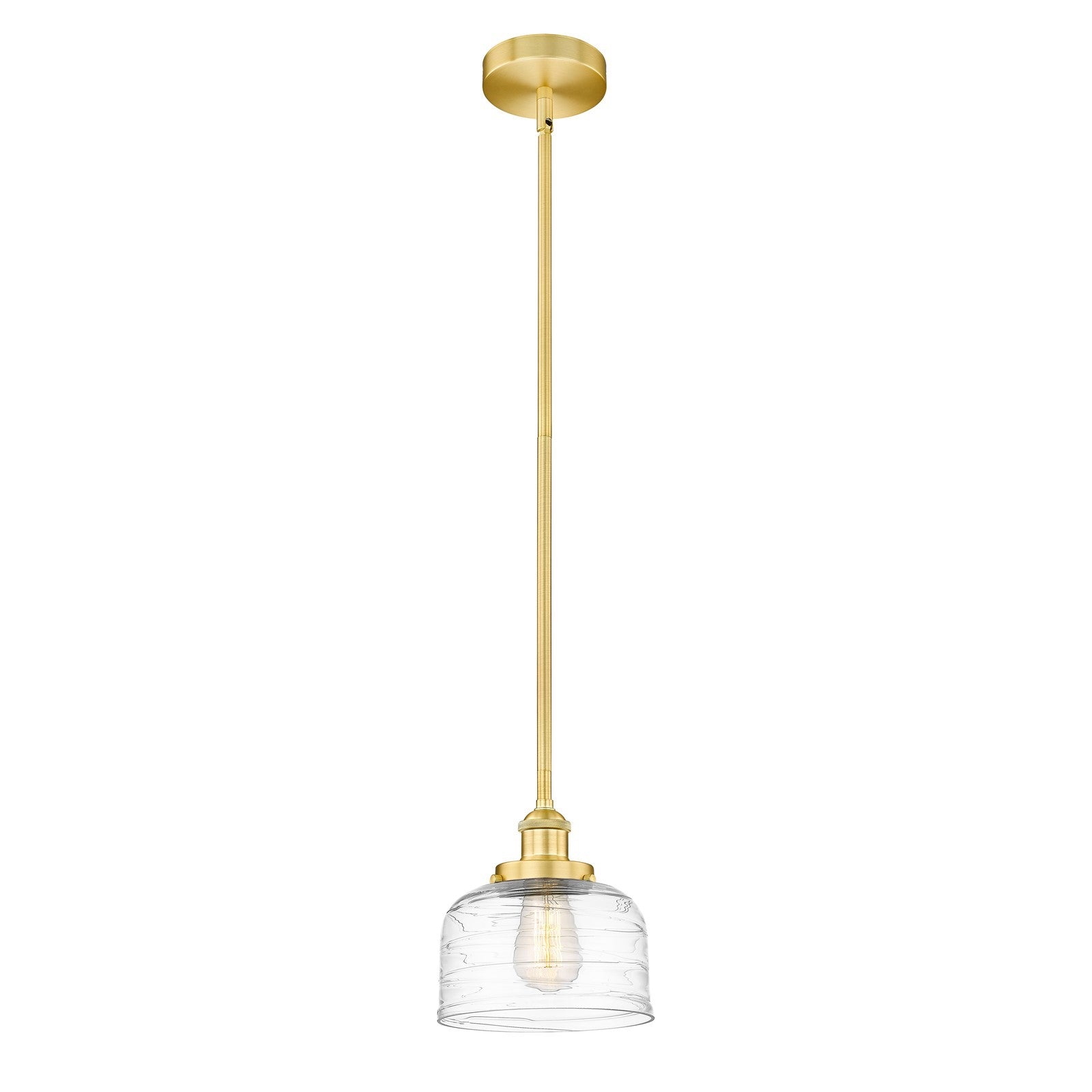 Innovations Bell 8in 1-Light Mini Pendant | Industrial Satin Gold and Clear Deco Swirl Glass | Kitchen Island | 7.75 x 7.75 x 8.25 | Model 616-1SH-SG-G713