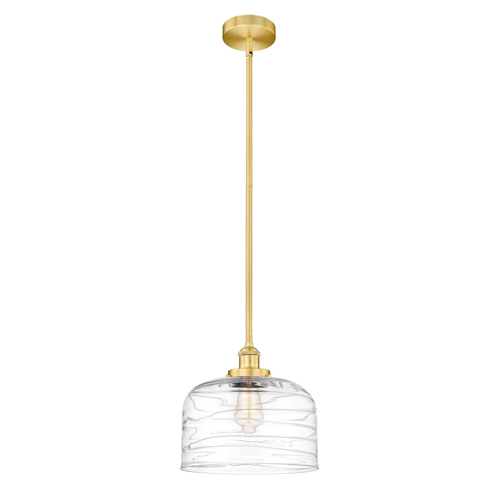Innovations Bell 12in 1-Light Mini Pendant | Industrial Satin Gold Steel and Clear Deco Swirl Glass | Kitchen Island & Dining | Model 616-1SH-SG-G713-L