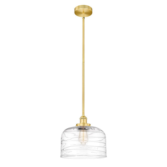 Innovations Bell 12in 1-Light Mini Pendant | Industrial Satin Gold Steel and Clear Deco Swirl Glass | Kitchen Island & Dining | Model 616-1SH-SG-G713-L