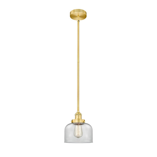 Innovations Bell 8in 1-Light Mini Pendant | Industrial Satin Gold Steel and Clear Glass | Kitchen Island & Dining Room | 7.75 x | Model 616-1SH-SG-G72