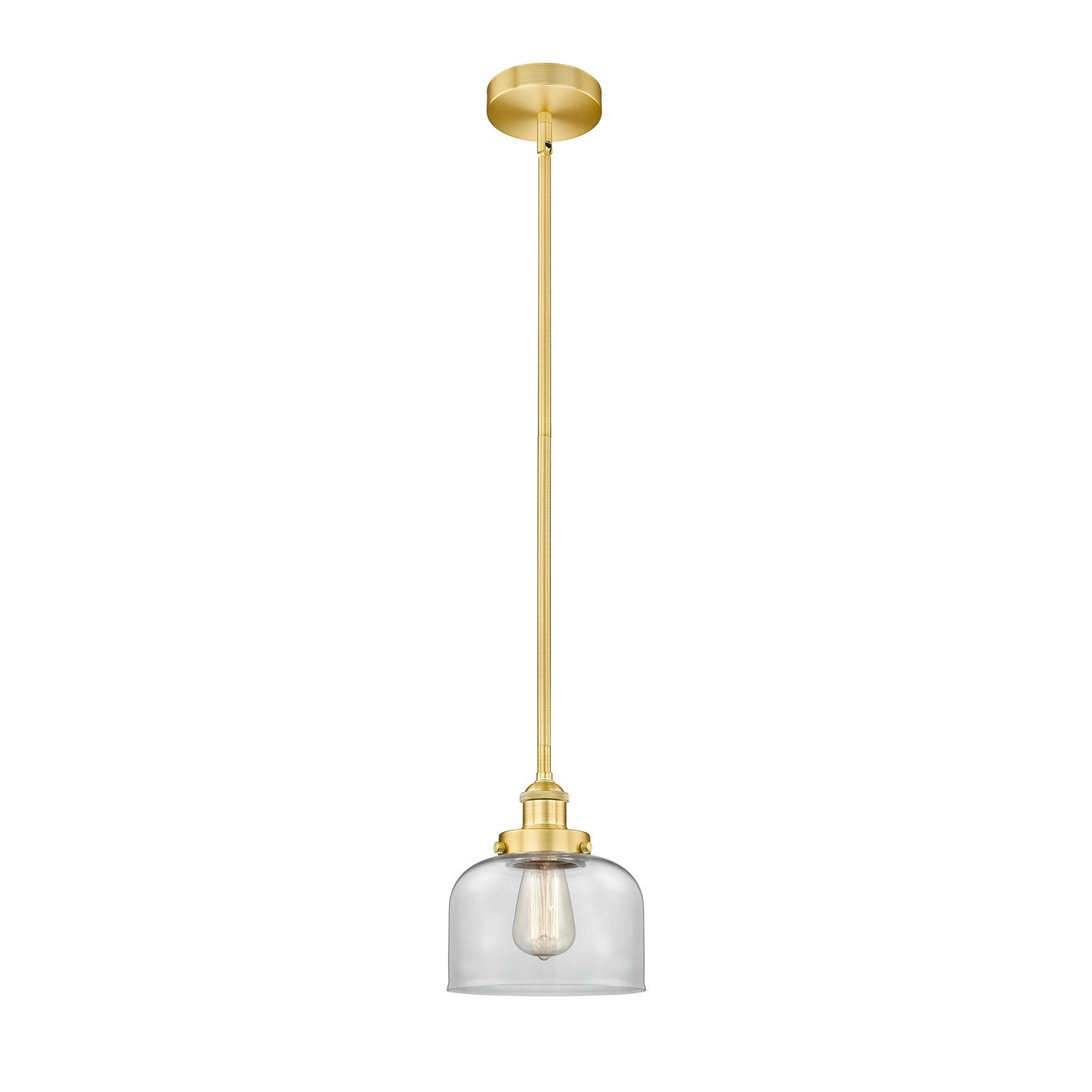 Innovations Bell 8in 1-Light Mini Pendant | Industrial Satin Gold and Clear Glass | Kitchen Island & Dining Room | 7.75 x 8.25 | Model 616-1SH-SG-G72-LED