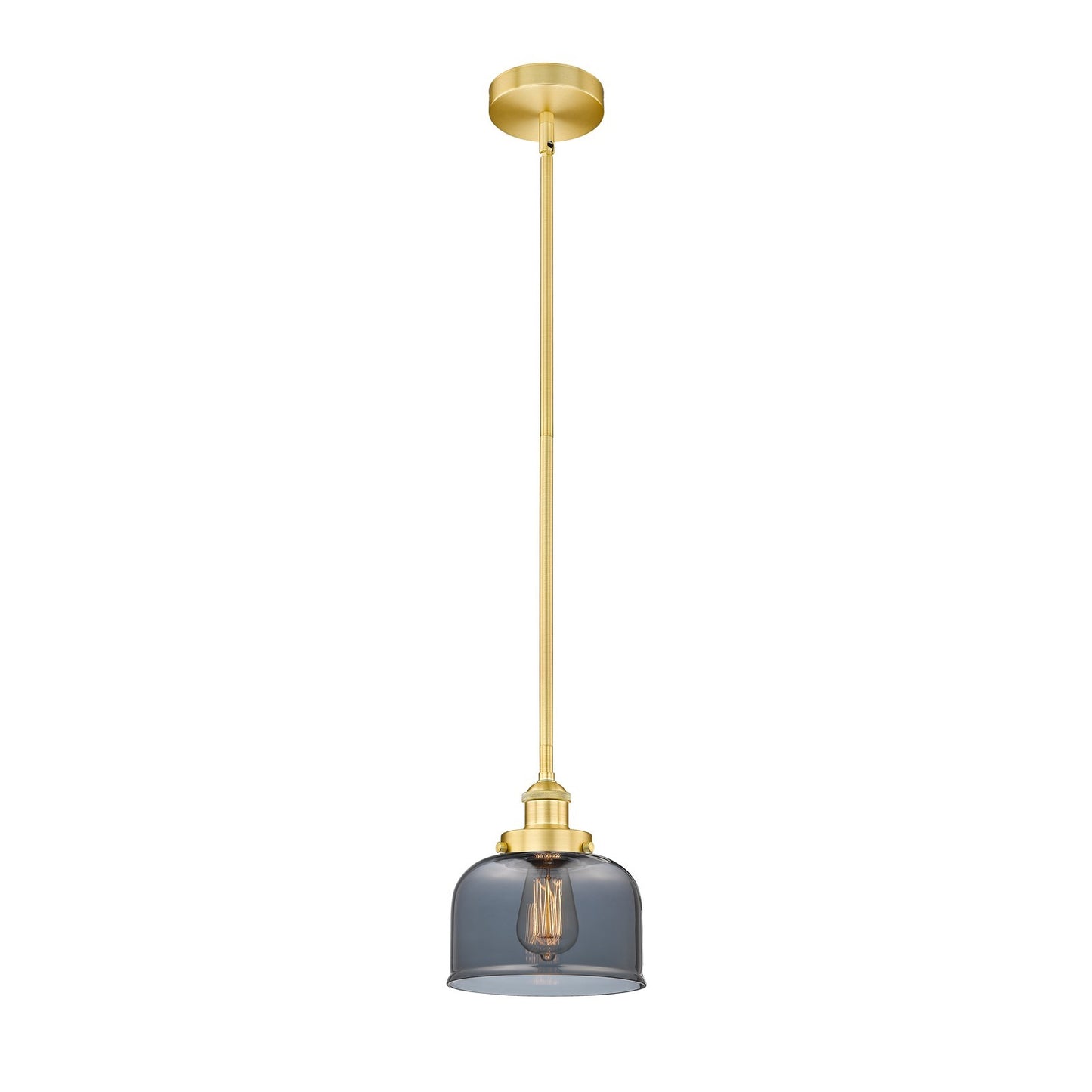 Innovations Bell 8in 1-Light Mini Pendant | Industrial Satin Gold Steel and Light Smoke Glass | Kitchen Island & Dining Room | Model 616-1SH-SG-G73-LED
