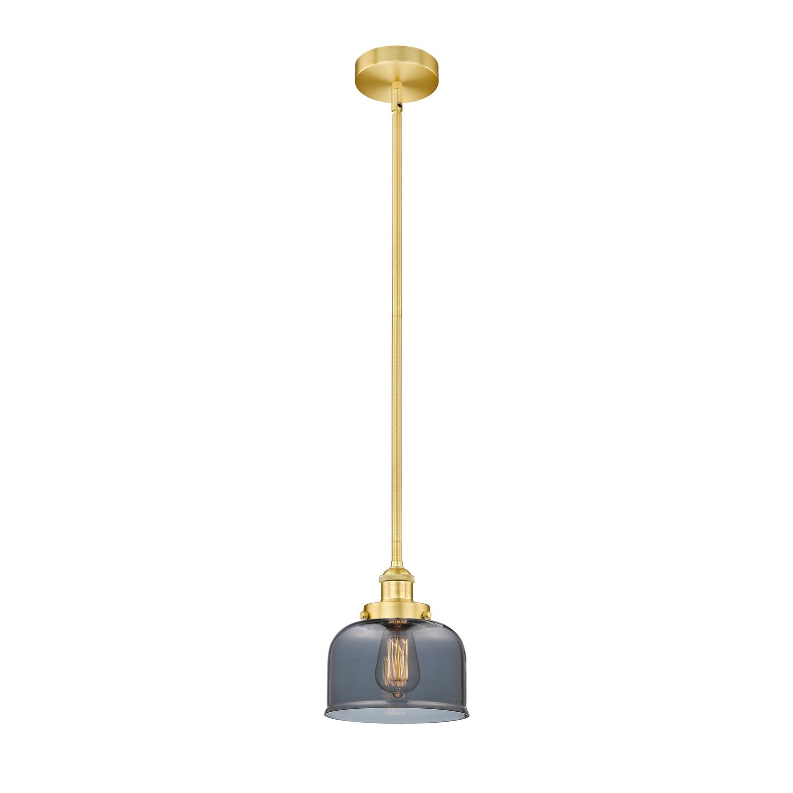 Innovations Bell 8in 1-Light Mini Pendant | Industrial Satin Gold Steel and Light Smoke Glass | Kitchen Island & Dining Room | Model 616-1SH-SG-G73-LED