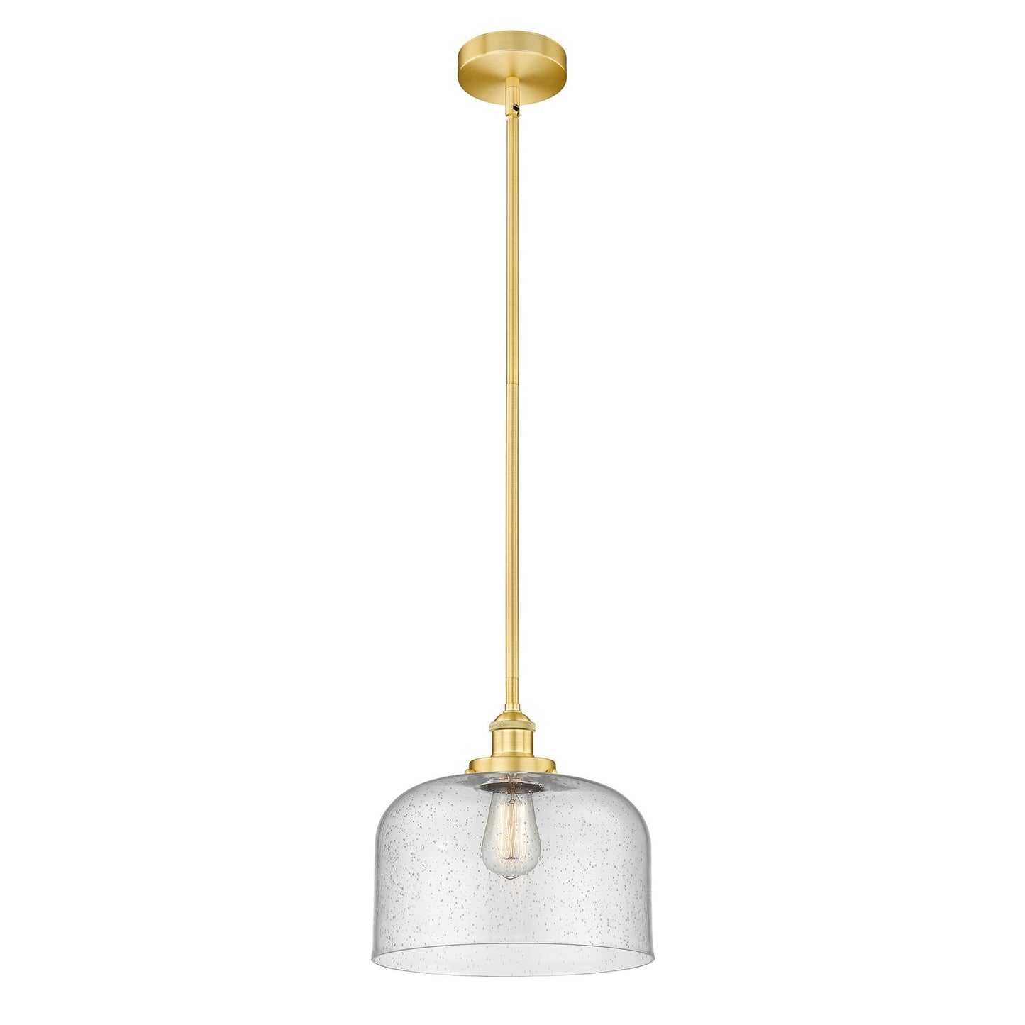 Innovations Bell 12in 1-Light Mini Pendant | Industrial Farmhouse Satin Gold Steel and Seedy Glass | Kitchen Island & Dining | Model 616-1SH-SG-G74-L-LED