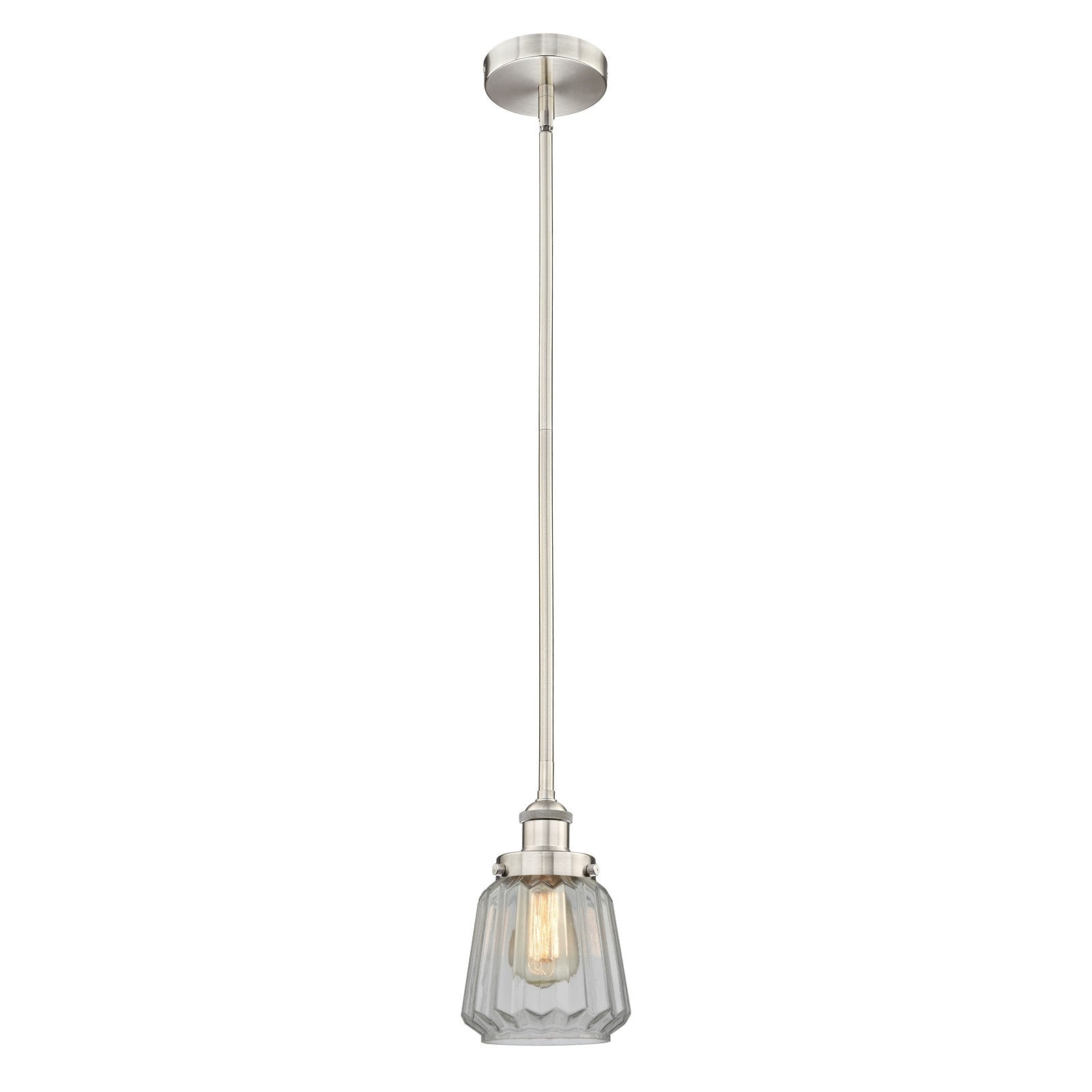 Innovations Lighting Chatham 7in 1-Light Mini Pendant | Art Deco Brushed Satin Nickel and Clear Ribbed Glass | Kitchen Island & | Model 616-1SH-SN-G142