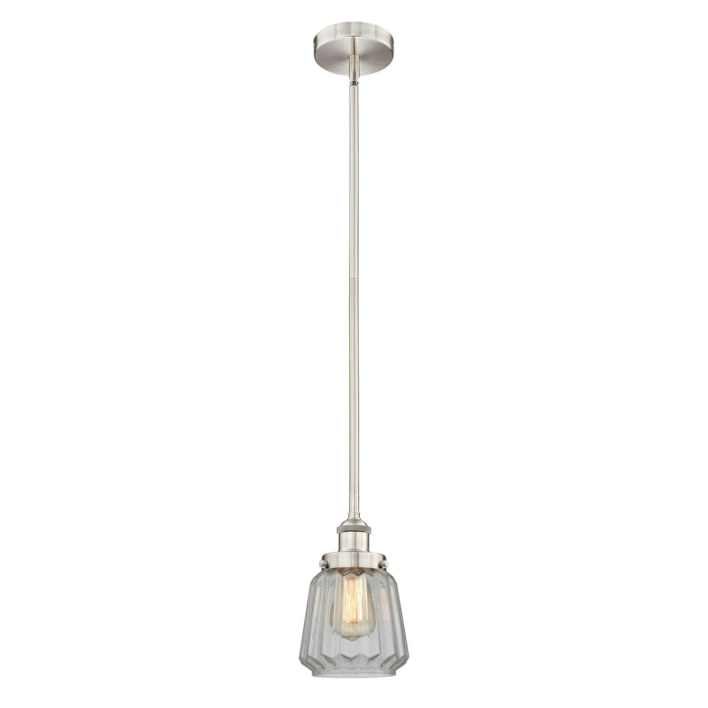 Innovations Lighting Chatham 7in 1-Light Mini Pendant | Art Deco Brushed Satin Nickel and Clear Ribbed Glass | Kitchen Island & | Model 616-1SH-SN-G142
