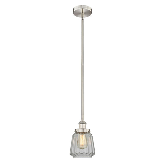 Innovations Chatham 7in 1-Light Mini Pendant | Art Deco Brushed Satin Nickel and Clear Ribbed Glass | Kitchen Island & Dining | Model 616-1SH-SN-G142-LED