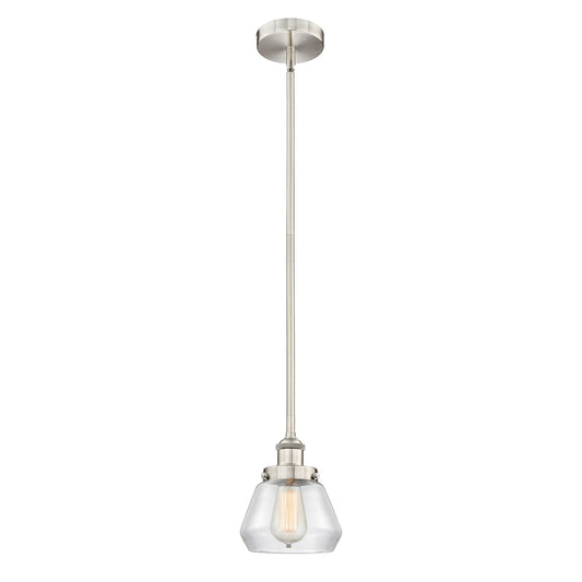 Innovations Fulton 7in 1-Light Mini Pendant | Industrial Brushed Satin Nickel Steel and Clear Cone Glass | Kitchen Island & Dining | Model 616-1SH-SN-G172