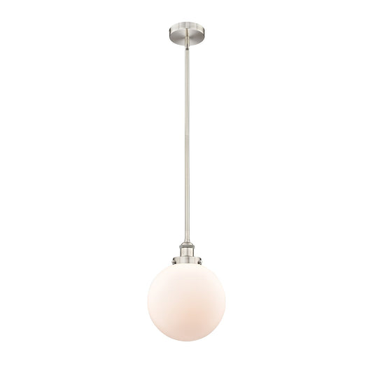 Innovations Beacon 10in 1-Light Mini Pendant | Industrial Brushed Satin Nickel and Matte White Frosted Glass | Kitchen Island & | Model 616-1SH-SN-G201-10