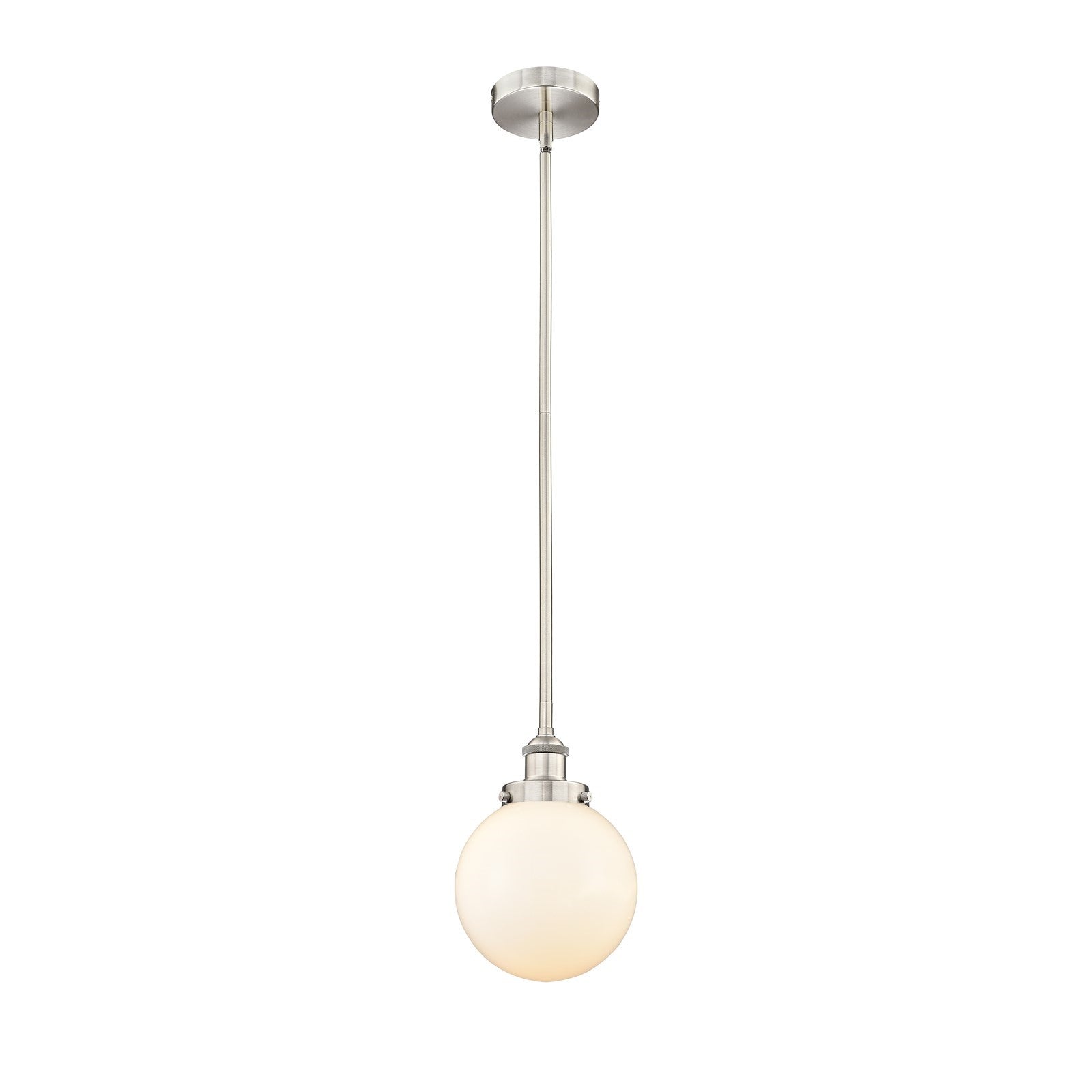 Innovations Beacon 8in 1-Light Mini Pendant | Industrial Brushed Satin Nickel and Matte White Frosted Glass | Kitchen Island & | Model 616-1SH-SN-G201-8