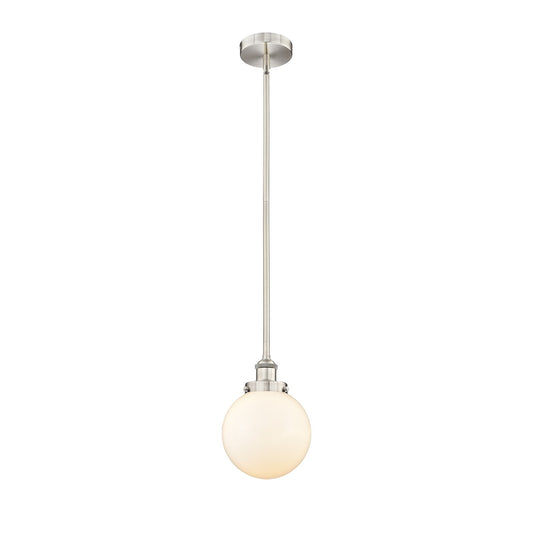 Innovations Beacon 8in 1-Light Mini Pendant | Industrial Brushed Satin Nickel Steel and Matte White Frosted Glass | Kitchen | Model 616-1SH-SN-G201-8-LED