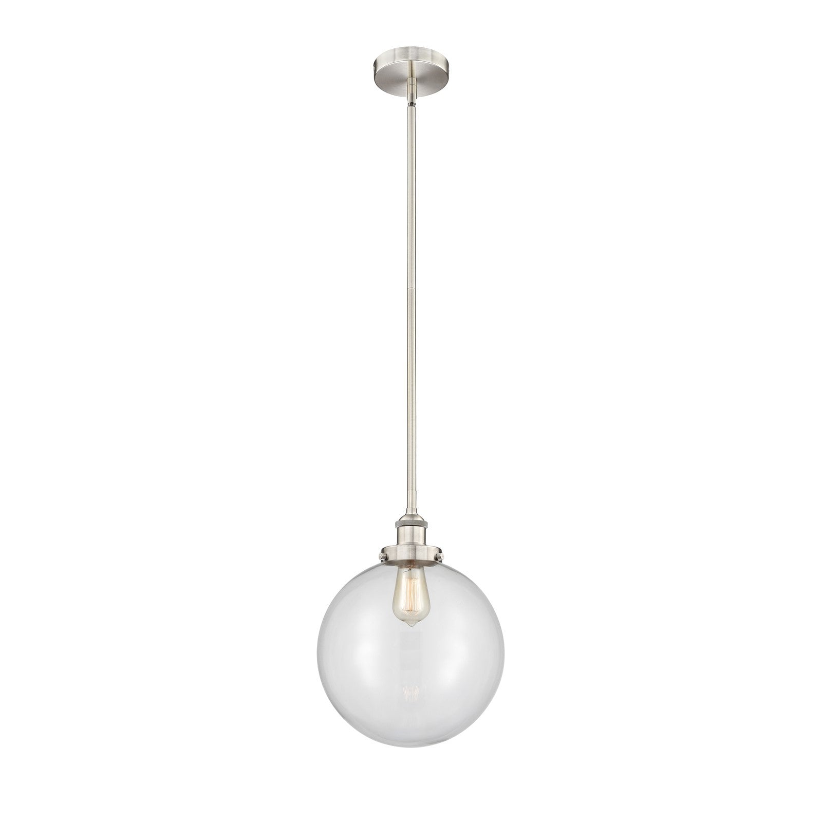 Innovations Beacon 12in 1-Light Mini Pendant | Industrial Brushed Satin Nickel Steel and Clear Glass | Kitchen Island & | Model 616-1SH-SN-G202-12-LED
