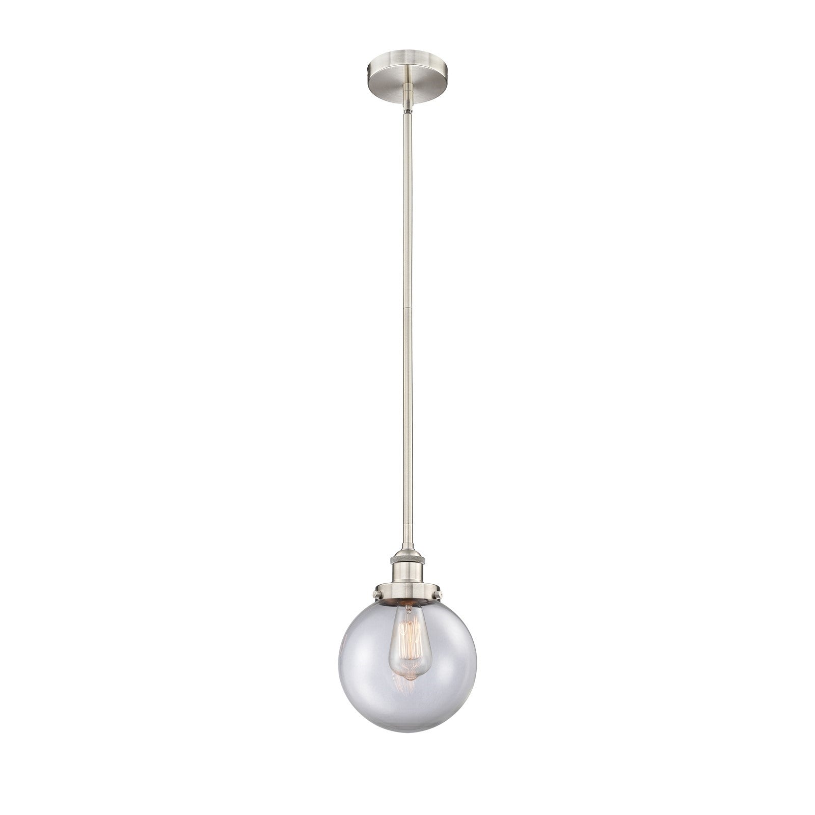 Innovations Beacon 8in 1-Light Mini Pendant | Industrial Brushed Satin Nickel Steel and Clear Glass | Kitchen Island & Dining | Model 616-1SH-SN-G202-8