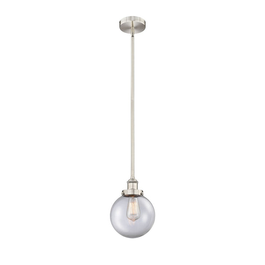 Innovations Beacon 8in 1-Light Mini Pendant | Industrial Brushed Satin Nickel Steel and Clear Glass | Kitchen Island & | Model 616-1SH-SN-G202-8-LED