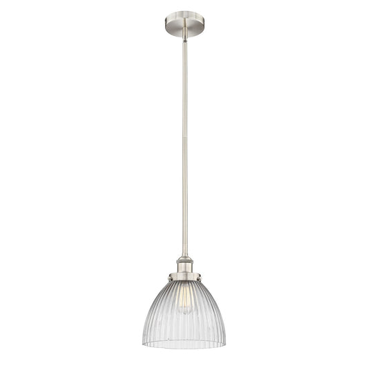 Innovations Seneca Falls 10in 1-Light Mini Pendant | Traditional Industrial Brushed Satin Nickel and Clear Halophane Glass | Model 616-1SH-SN-G222-LED