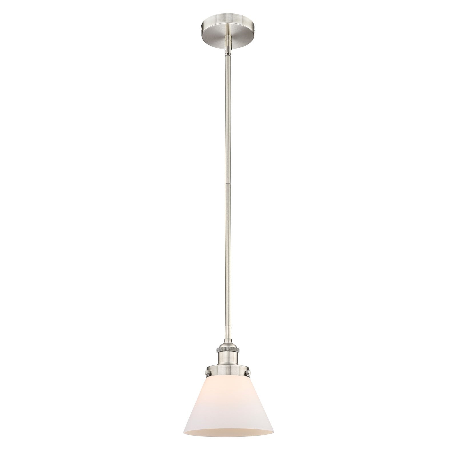 Innovations Cone 8in 1-Light Mini Pendant | Industrial Brushed Satin Nickel and Matte White Frosted Glass | Kitchen Island & | Model 616-1SH-SN-G41-LED