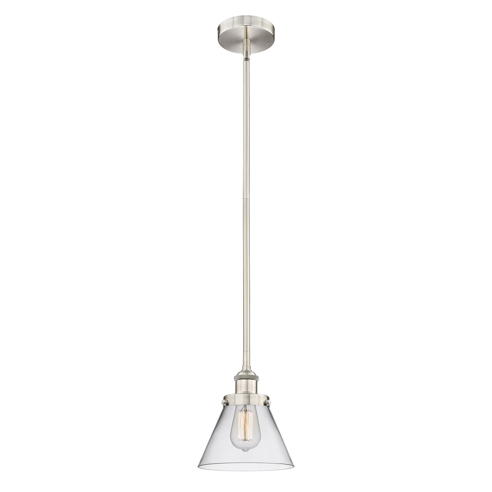 Innovations Cone 8in 1-Light Mini Pendant | Industrial Brushed Satin Nickel Steel and Clear Glass | Kitchen Island & Dining Room | Model 616-1SH-SN-G42