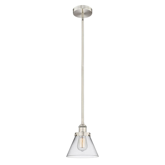 Innovations Cone 8in 1-Light Mini Pendant | Industrial Brushed Satin Nickel Steel and Clear Glass | Kitchen Island & Dining Room | Model 616-1SH-SN-G42