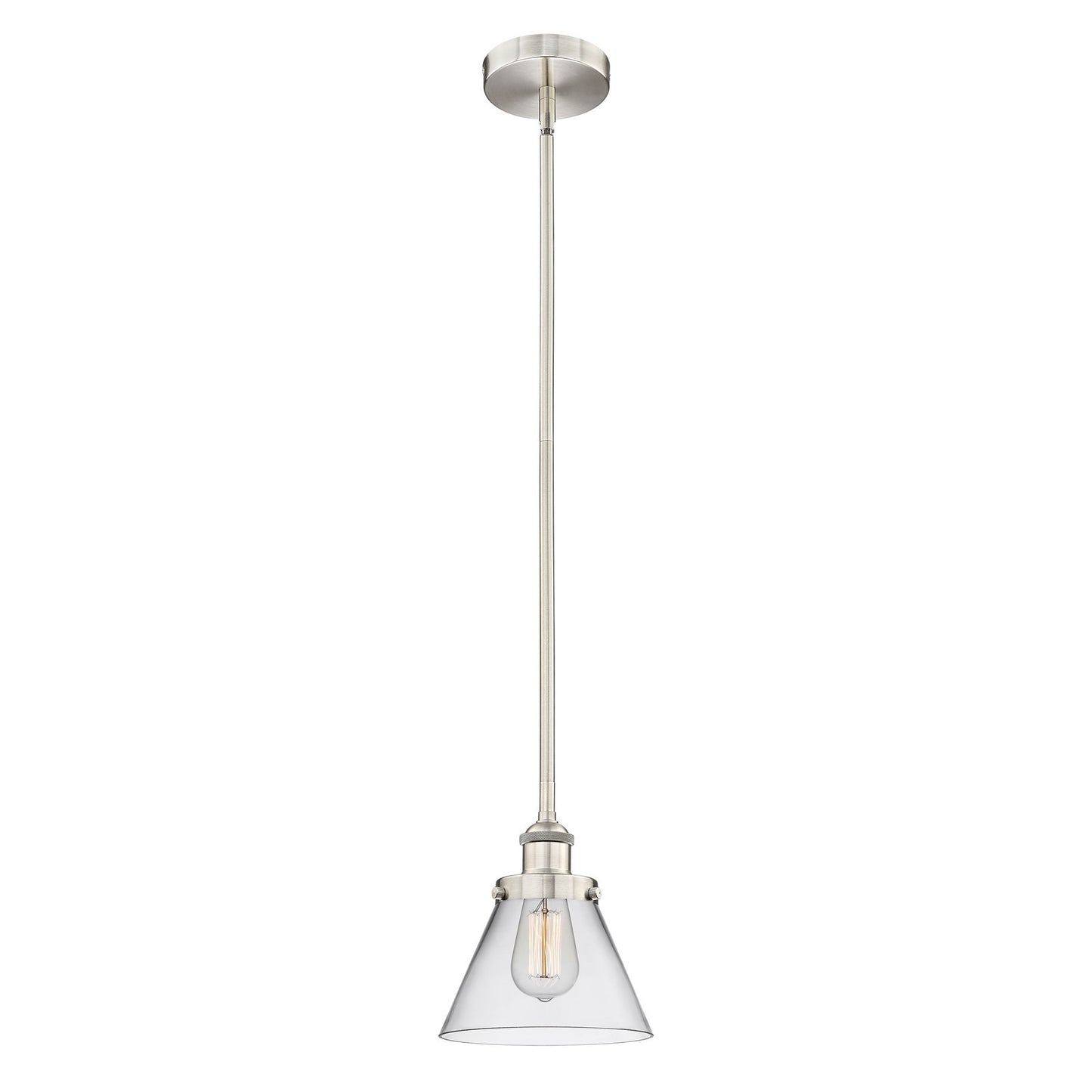 Innovations Cone 8in 1-Light Mini Pendant | Industrial Brushed Satin Nickel and Clear Glass | Kitchen Island & Dining Room | Model 616-1SH-SN-G42-LED