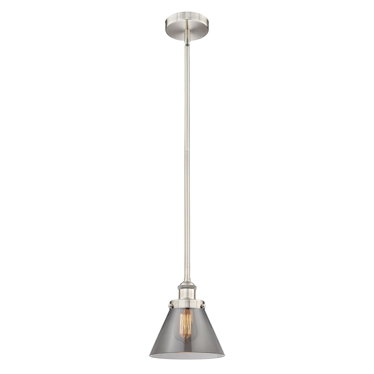 Innovations Cone 8in 1-Light Mini Pendant | Industrial Brushed Satin Nickel Steel and Light Smoke Glass | Kitchen Island & Dining | Model 616-1SH-SN-G43