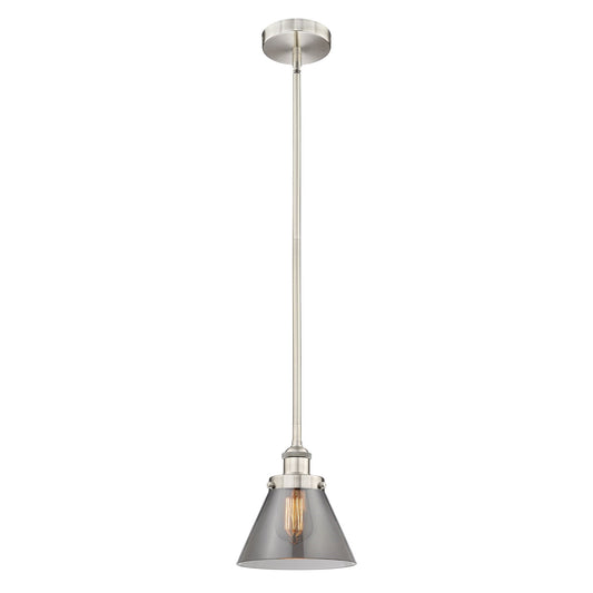 Innovations Cone 8in 1-Light Mini Pendant | Industrial Brushed Satin Nickel Steel and Light Smoke Glass | Kitchen Island & Dining | Model 616-1SH-SN-G43
