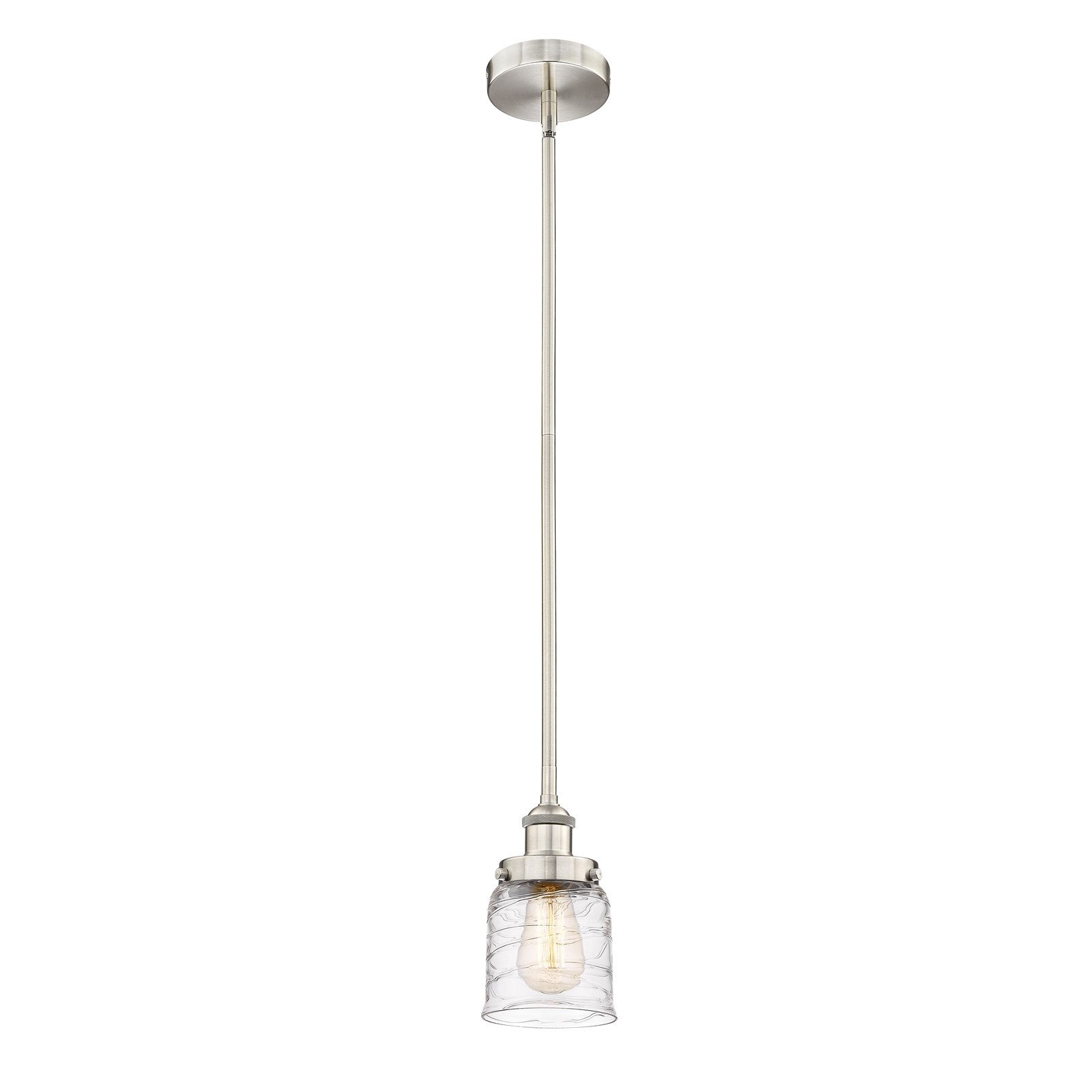 Innovations Bell 5in 1-Light Mini Pendant | Industrial Brushed Satin Nickel Steel and Clear Deco Swirl Glass | Kitchen Island & | Model 616-1SH-SN-G513