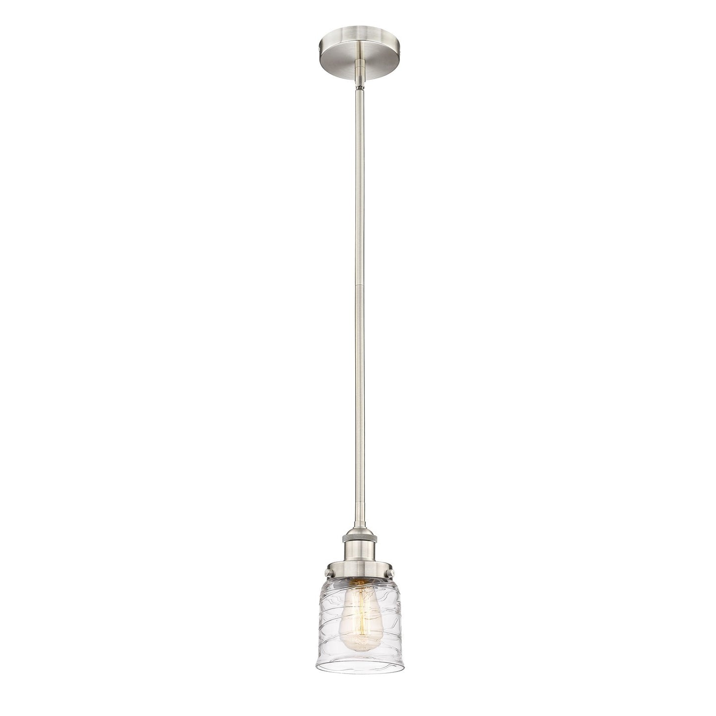 Innovations Bell 5in 1-Light Mini Pendant | Industrial Brushed Satin Nickel Steel and Clear Deco Swirl Glass | Kitchen Island & | Model 616-1SH-SN-G513