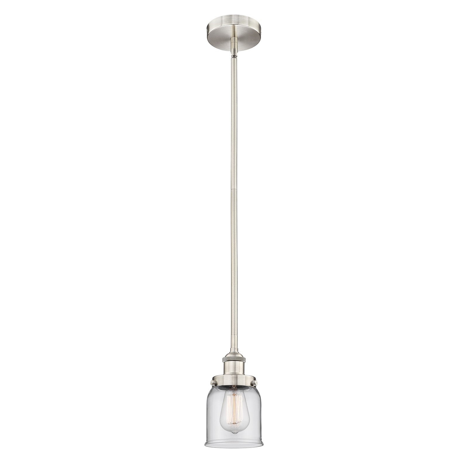 Innovations Bell 5in 1-Light Mini Pendant | Industrial Brushed Satin Nickel Steel and Clear Glass | Kitchen Island & Dining | Model 616-1SH-SN-G52-LED