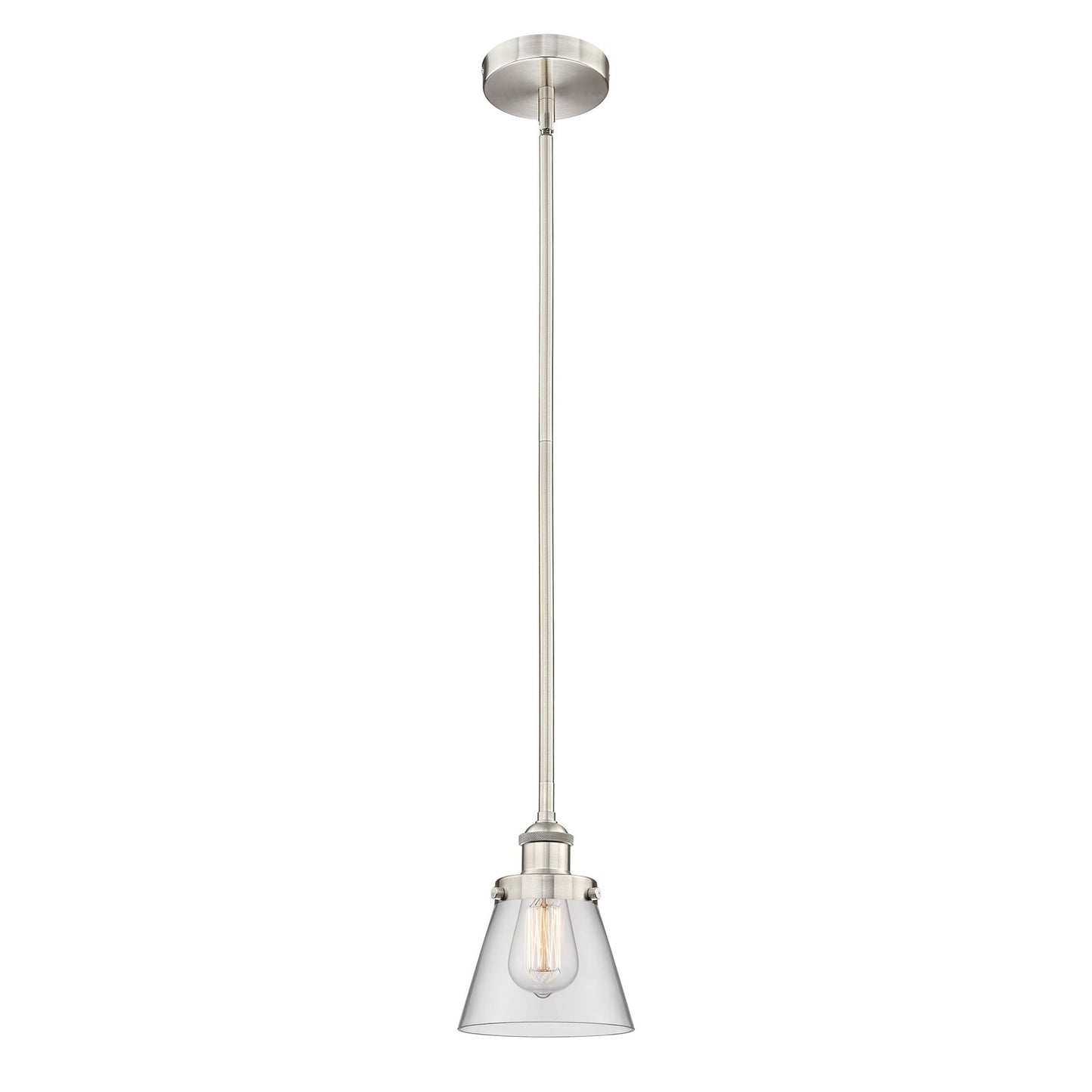 Innovations Cone 6.25in 1-Light Mini Pendant | Industrial Brushed Satin Nickel Steel and Clear Glass | Kitchen Island & Dining Room | Model 616-1SH-SN-G62