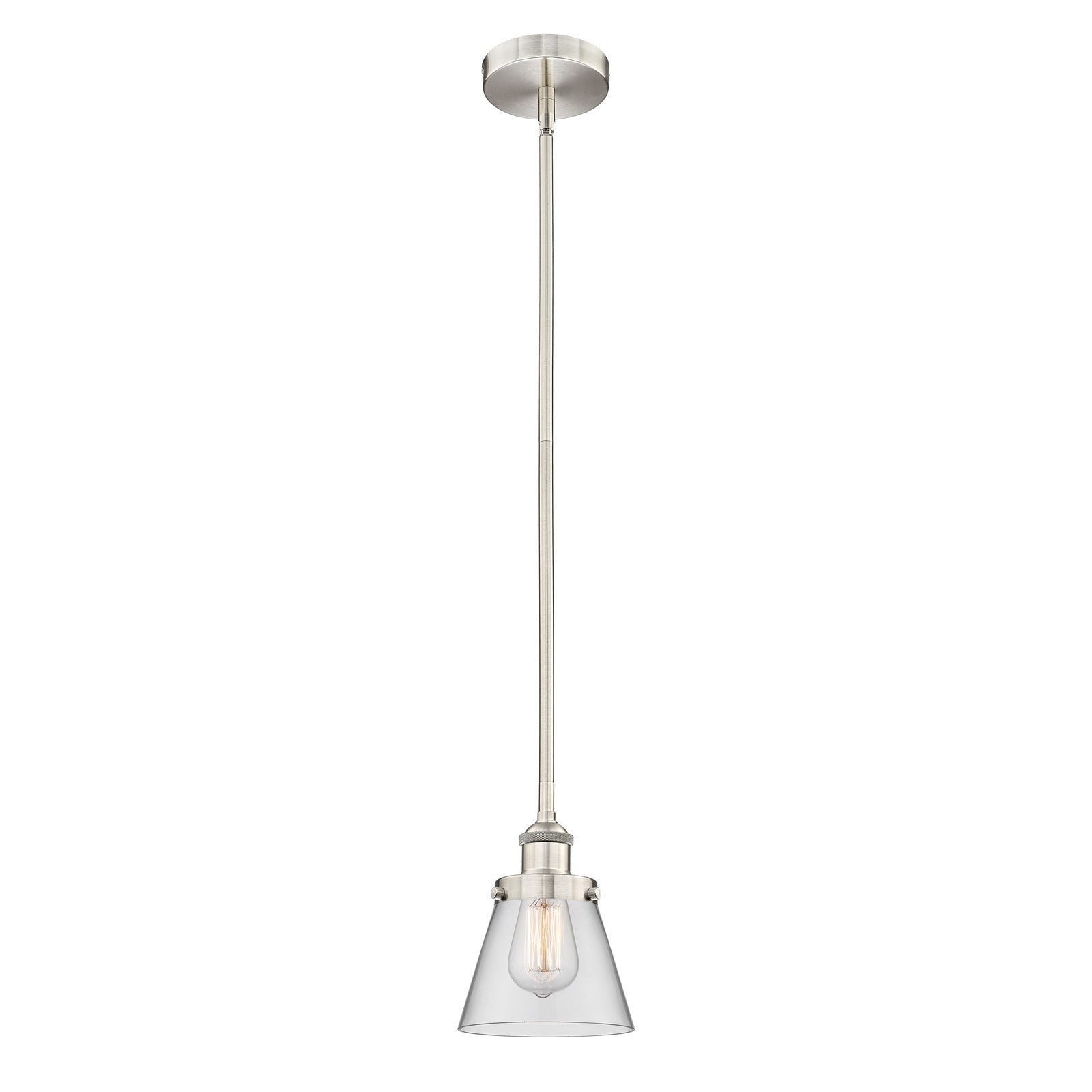 Innovations Cone 6.25in 1-Light Mini Pendant | Industrial Brushed Satin Nickel Steel and Clear Glass | Kitchen Island & Dining Room | Model 616-1SH-SN-G62