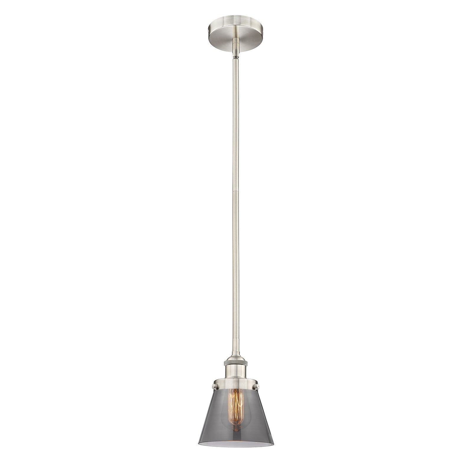 Innovations Cone 6.25in 1-Light Mini Pendant | Industrial Brushed Satin Nickel Steel and Light Smoke Glass | Kitchen Island & | Model 616-1SH-SN-G63-LED