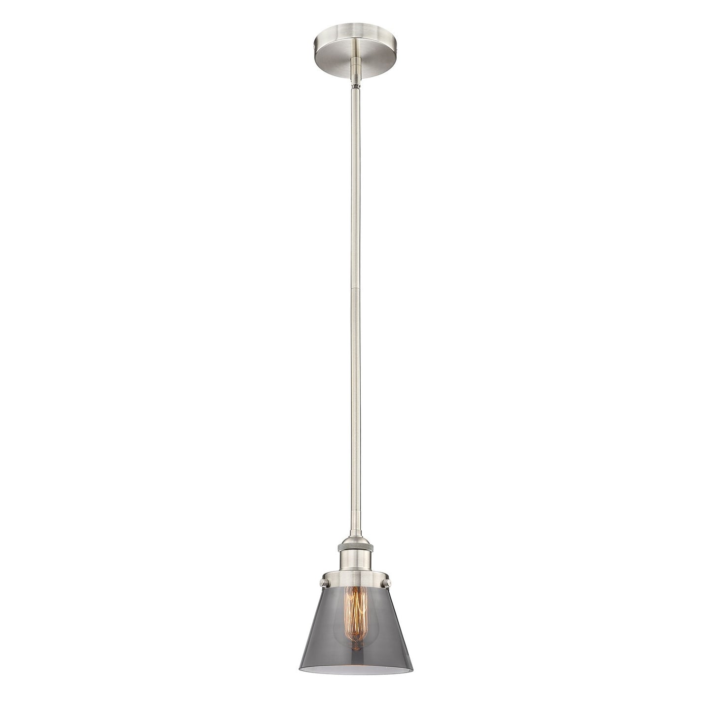 Innovations Cone 6.25in 1-Light Mini Pendant | Industrial Brushed Satin Nickel Steel and Light Smoke Glass | Kitchen Island & | Model 616-1SH-SN-G63-LED