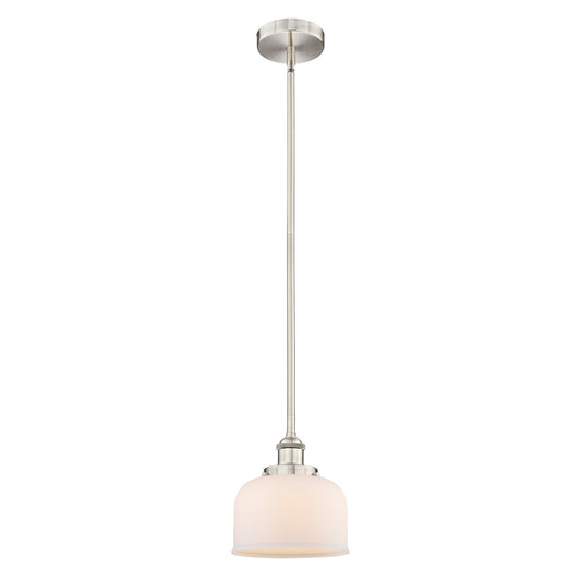 Innovations Bell 8in 1-Light Mini Pendant | Industrial Brushed Satin Nickel and Matte White Frosted Glass | Kitchen Island & Dining | Model 616-1SH-SN-G71
