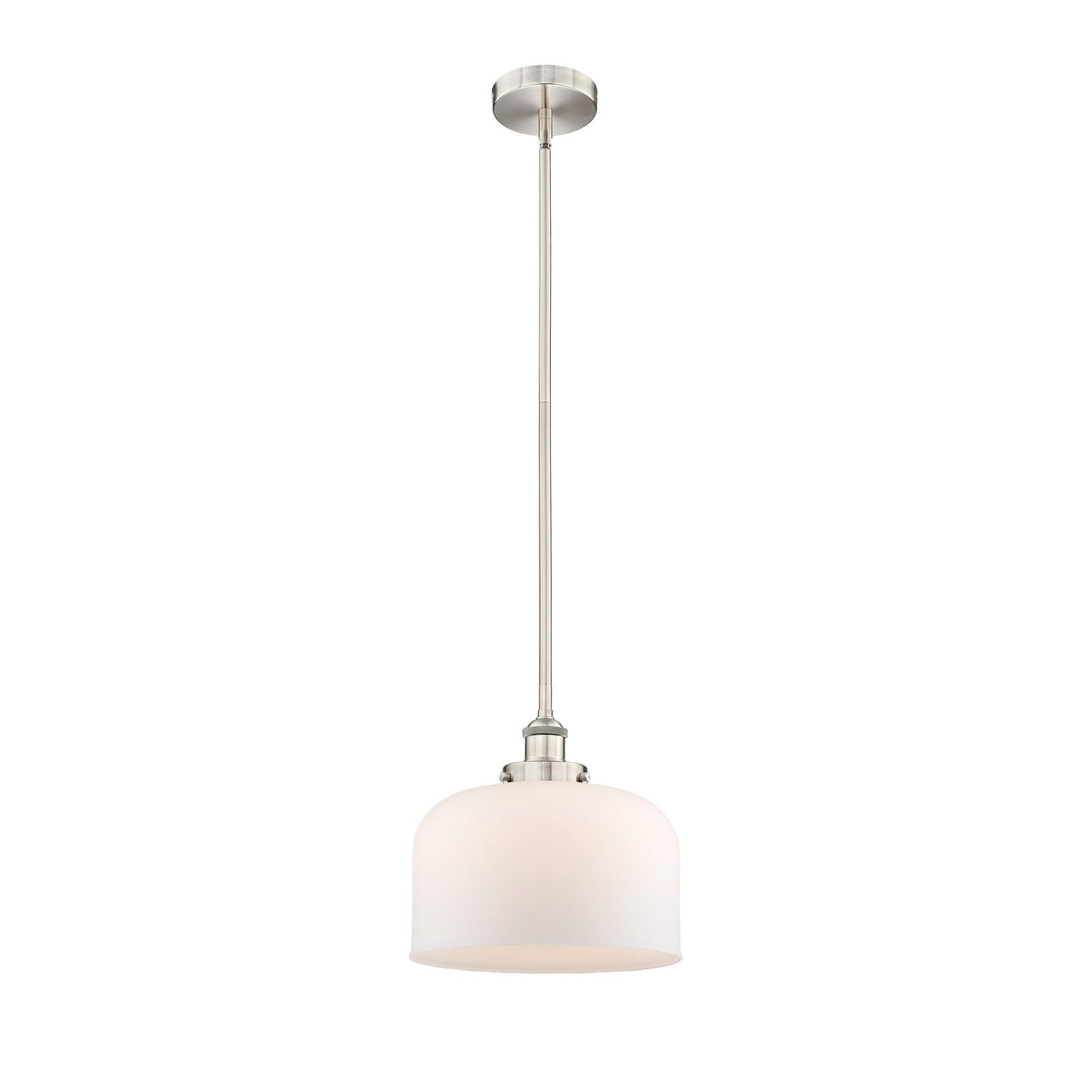 Innovations Bell 12in 1-Light Mini Pendant | Industrial Brushed Satin Nickel and Matte White Frosted Glass | Kitchen Island & | Model 616-1SH-SN-G71-L-LED