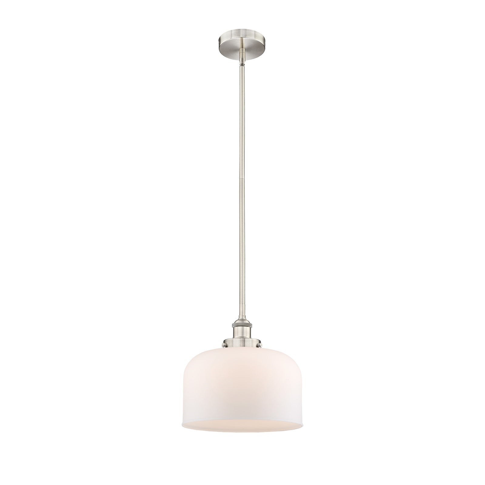Innovations Bell 12in 1-Light Mini Pendant | Industrial Brushed Satin Nickel and Matte White Frosted Glass | Kitchen Island & | Model 616-1SH-SN-G71-L-LED
