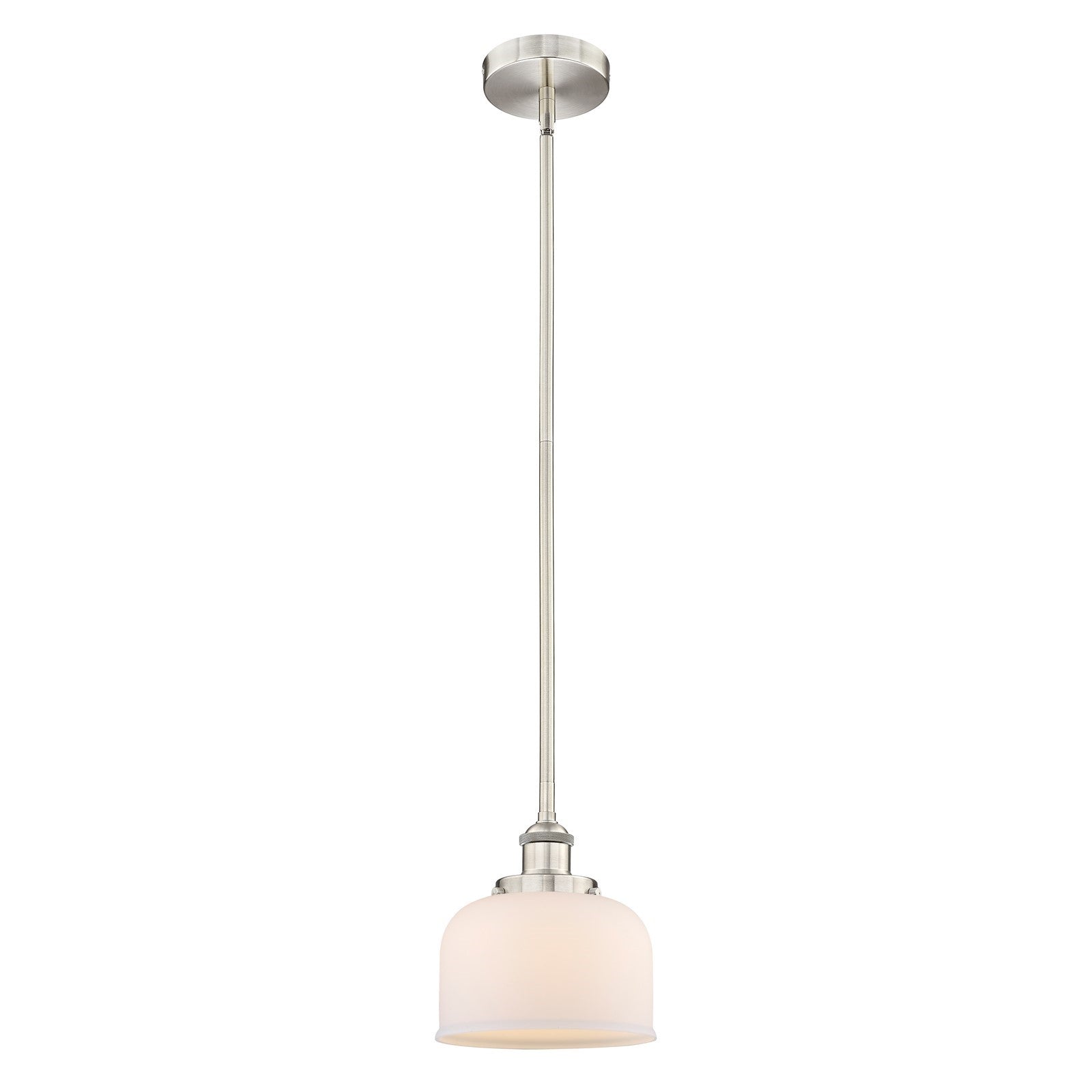 Innovations Bell 8in 1-Light Mini Pendant | Industrial Brushed Satin Nickel Steel and Matte White Frosted Glass | Kitchen | Model 616-1SH-SN-G71-LED