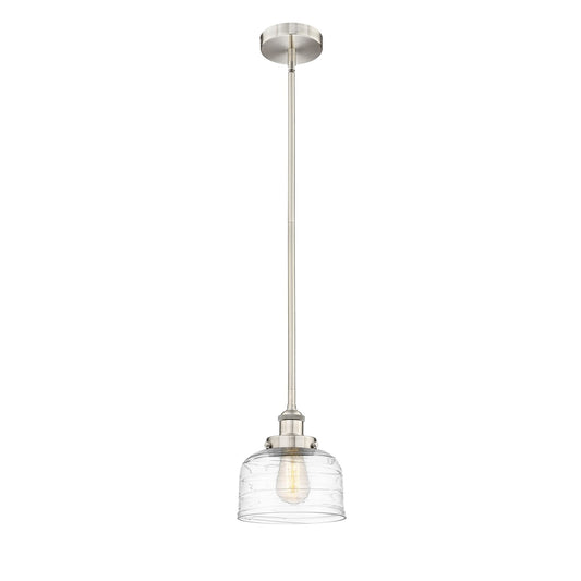 Innovations Bell 8in 1-Light Mini Pendant | Industrial Brushed Satin Nickel Steel and Clear Deco Swirl Glass | Kitchen Island & | Model 616-1SH-SN-G713