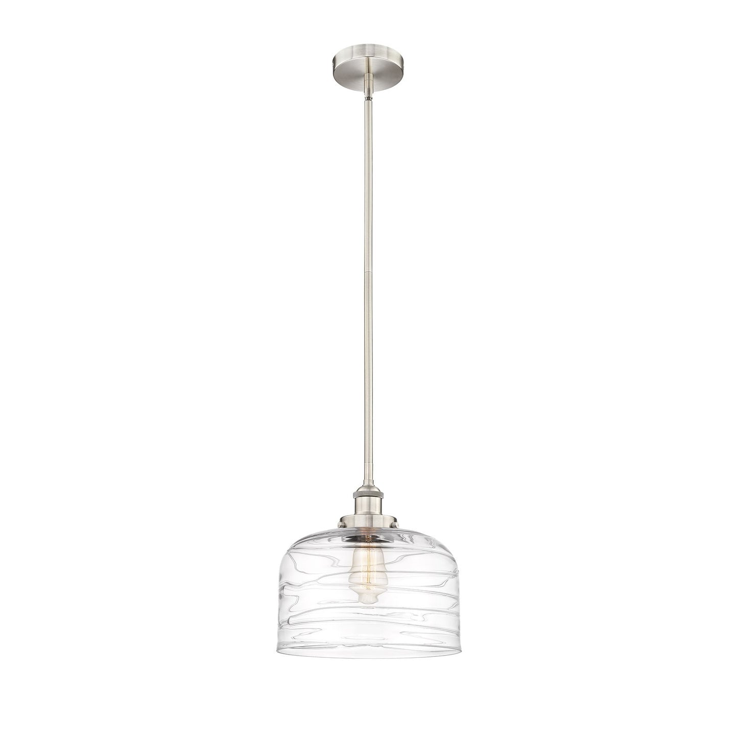 Innovations Bell 11.5in 1-Light Mini Pendant | Industrial Brushed Satin Nickel Steel and Clear Deco Swirl Glass | Kitchen Island | Model 616-1SH-SN-G713-L