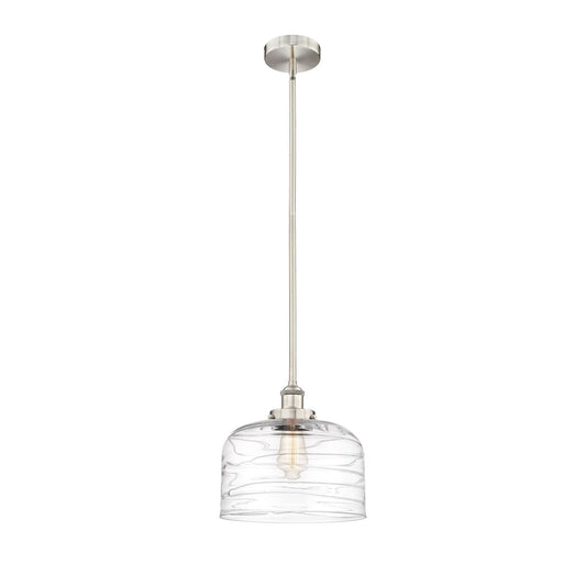 Innovations Bell 11.5in 1-Light Mini Pendant | Industrial Brushed Satin Nickel Steel and Clear Deco Swirl Glass | Kitchen Island | Model 616-1SH-SN-G713-L