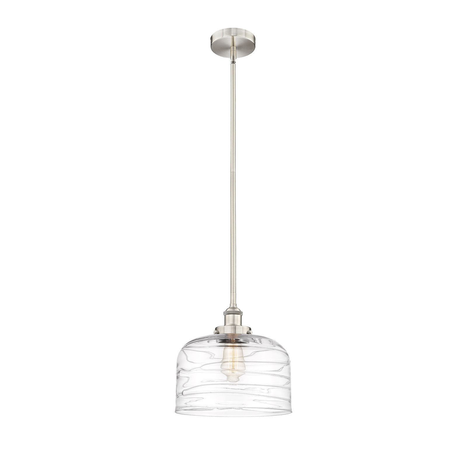 Innovations Bell 11.5in 1-Light Mini Pendant | Industrial Brushed Satin Nickel Steel and Clear Deco Swirl Glass | Kitchen | Model 616-1SH-SN-G713-L-LED