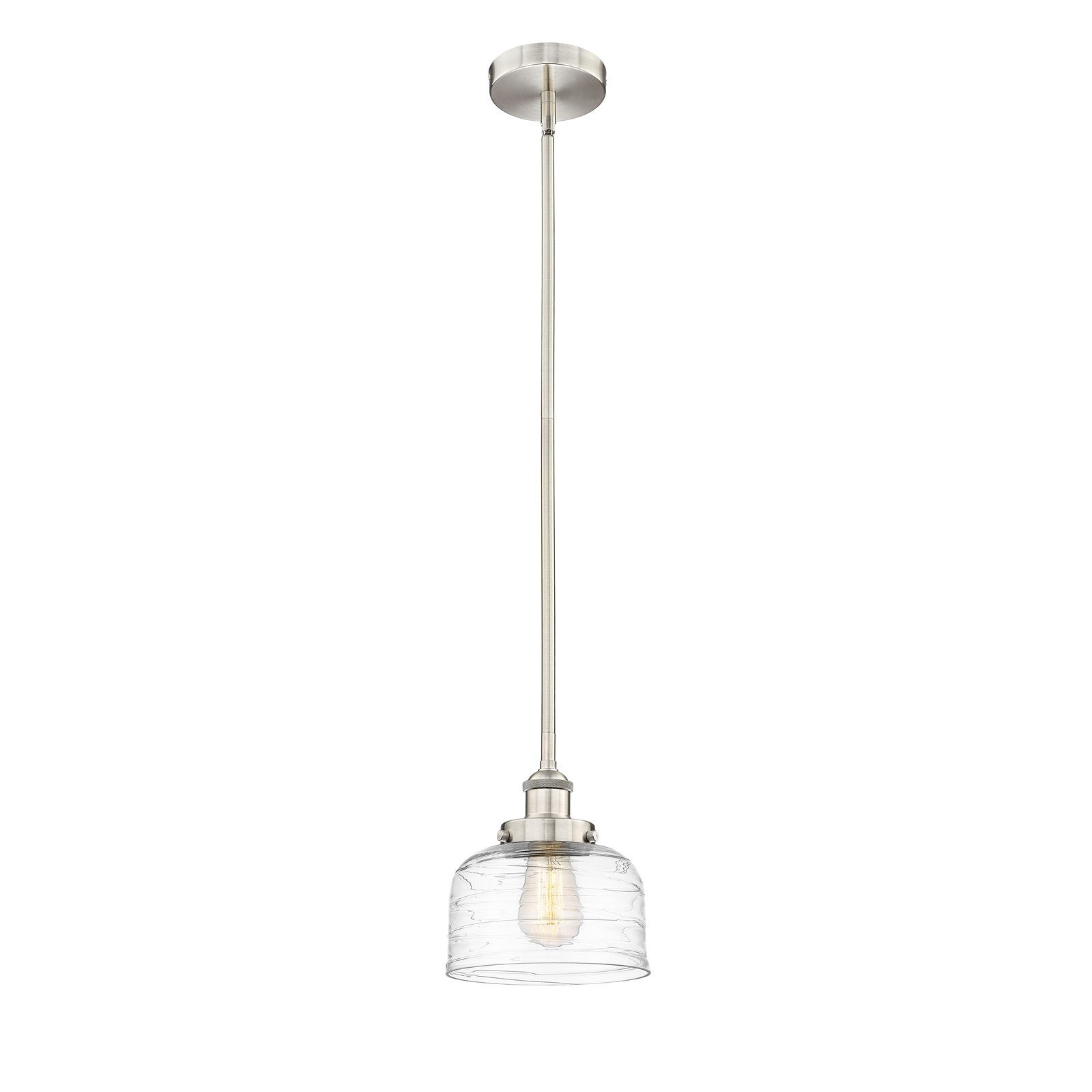 Innovations Bell 8in 1-Light Mini Pendant | Industrial Brushed Satin Nickel Steel and Clear Deco Swirl Glass | Kitchen Island | Model 616-1SH-SN-G713-LED